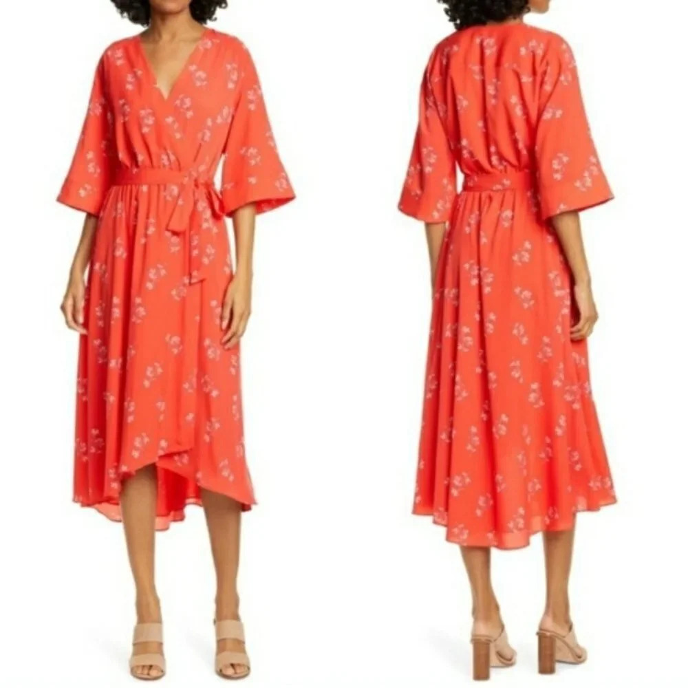 Joie Tomato Red Daymon B Floral Print Crepe De Chine Midi Wrap Dress Size S